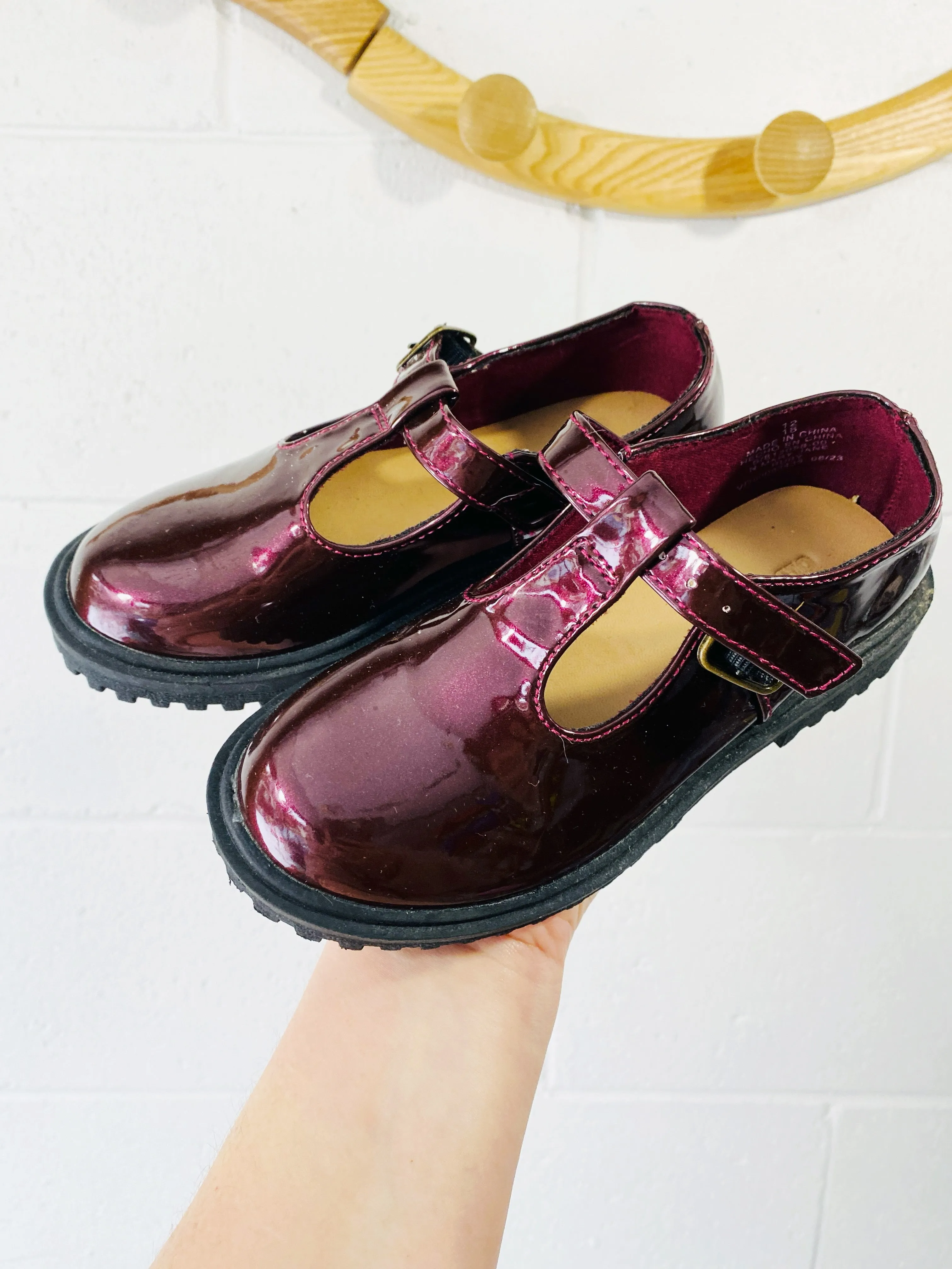 Burgundy Sheen Mary Janes, size 12
