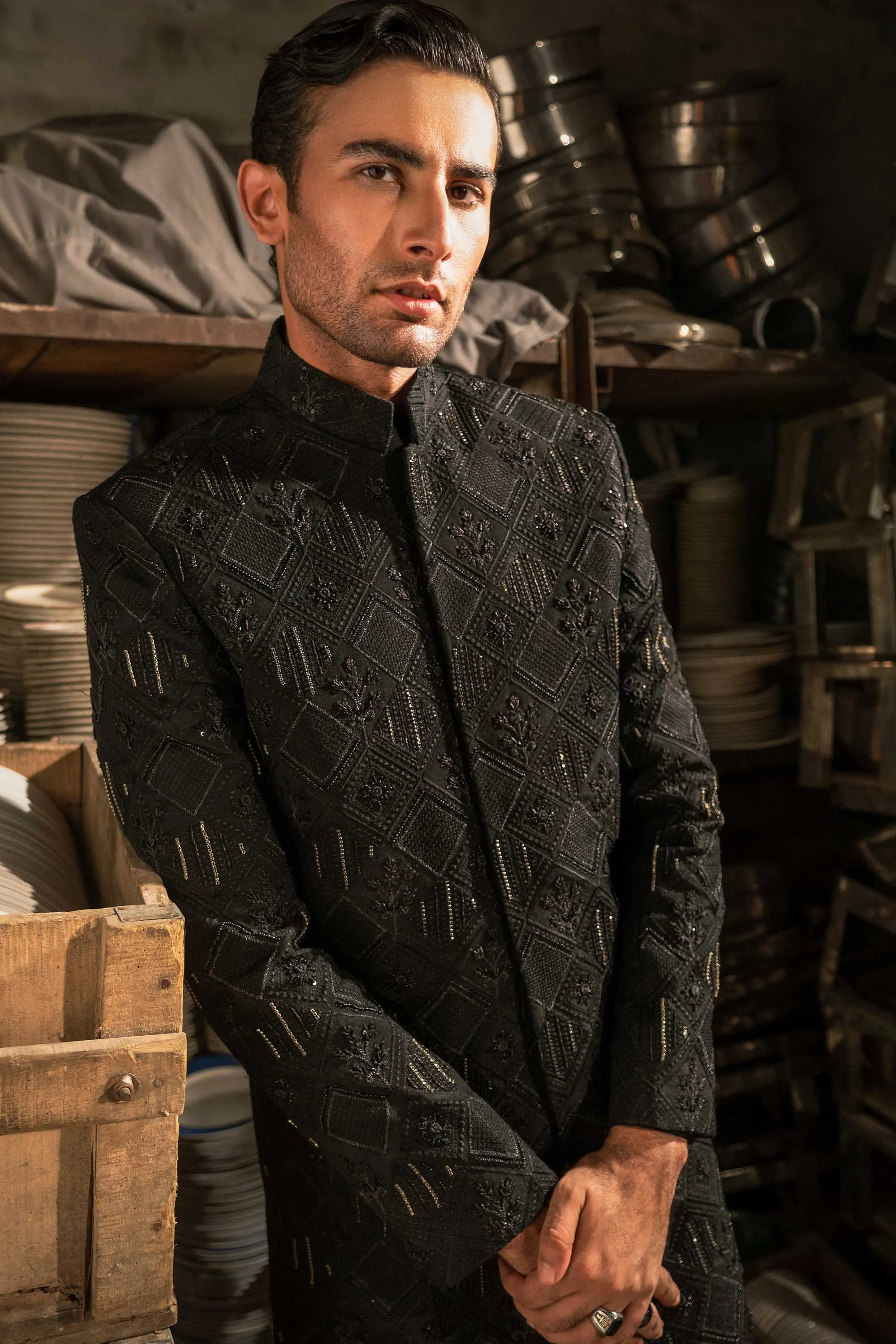 Luxurious Black Heavily Hand Embellished Sherwani