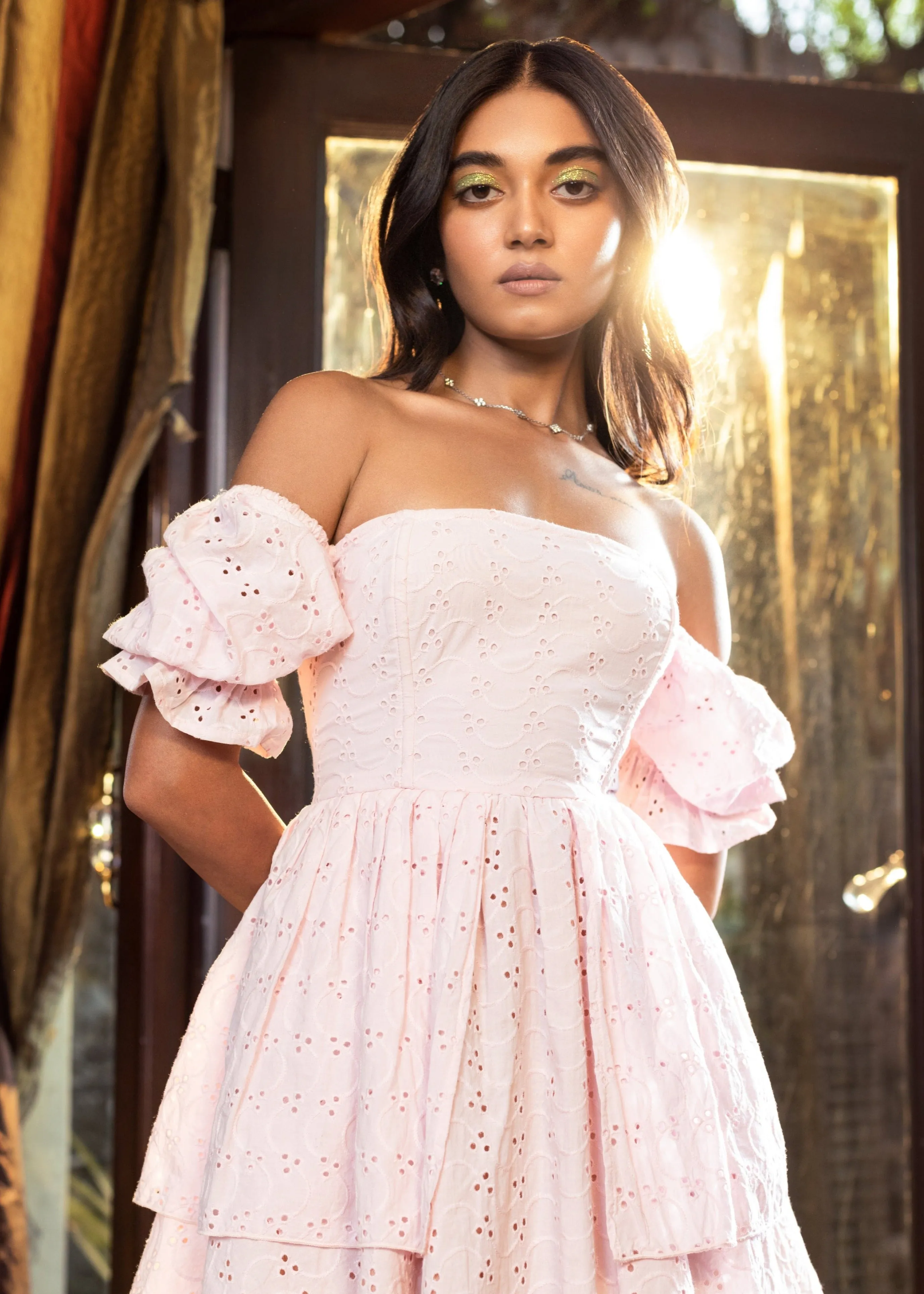 Pixie Baby Pink Schiffli Puff Corset Dress