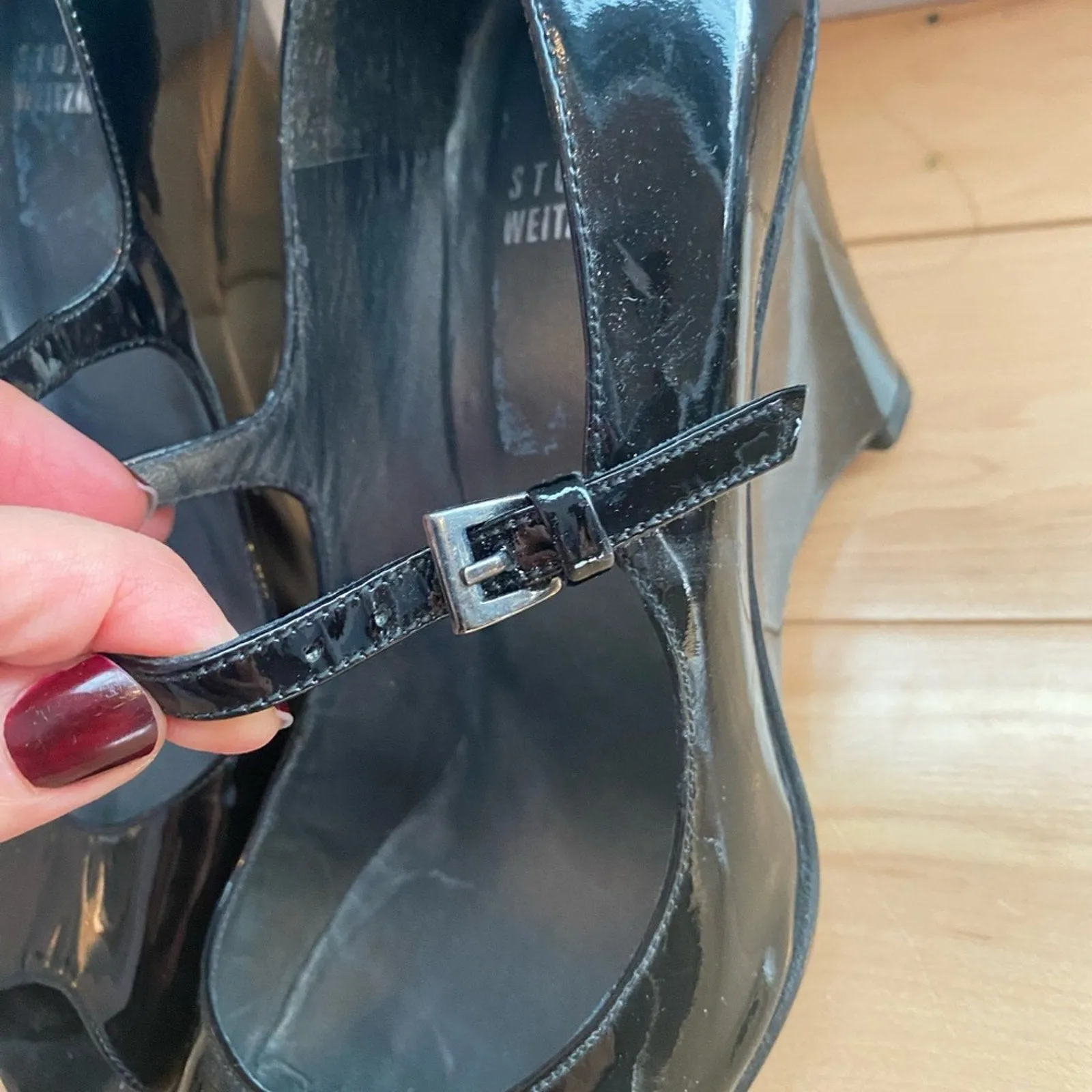 Stuart Weitzman Black Patent Wedge Mary Janes Size 8