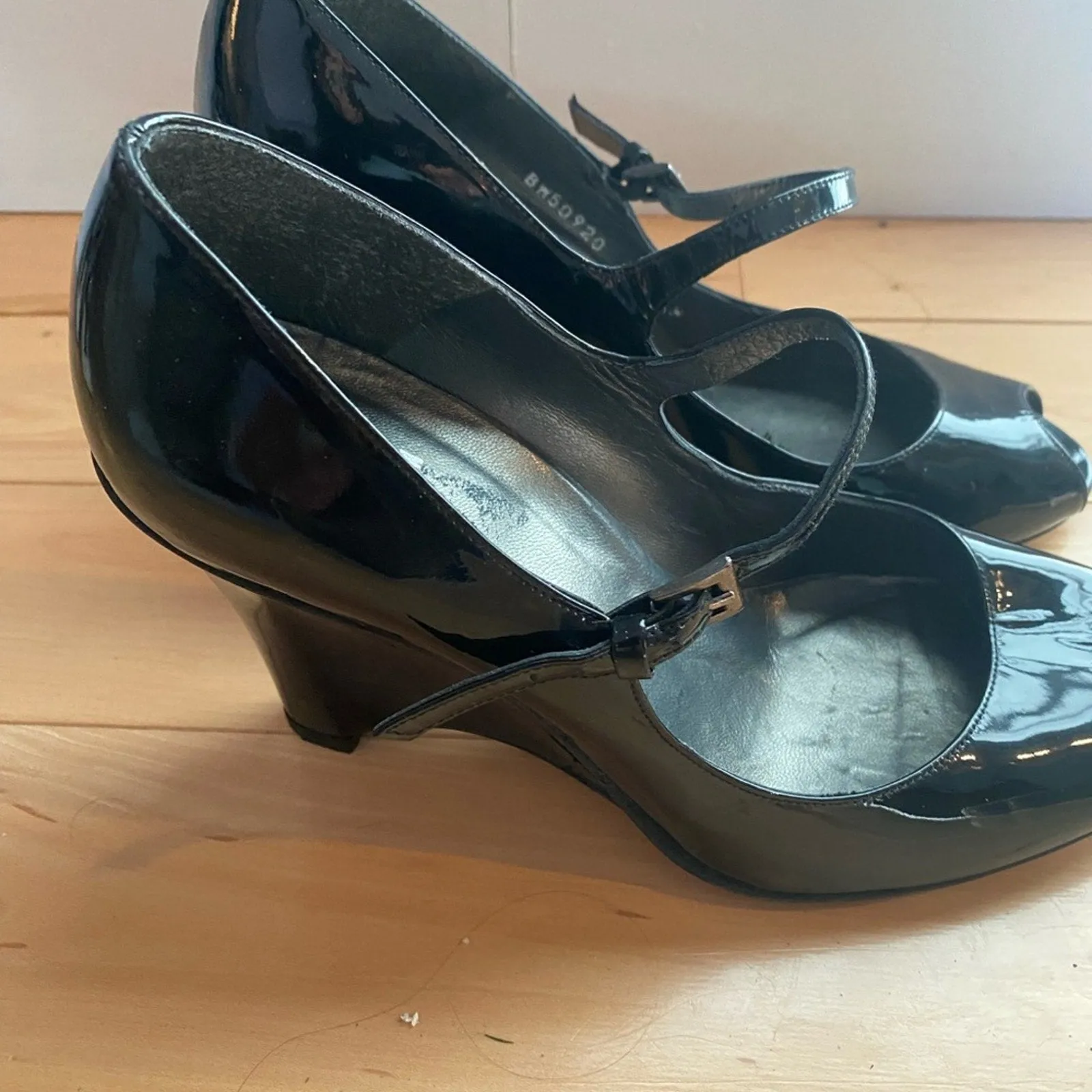 Stuart Weitzman Black Patent Wedge Mary Janes Size 8