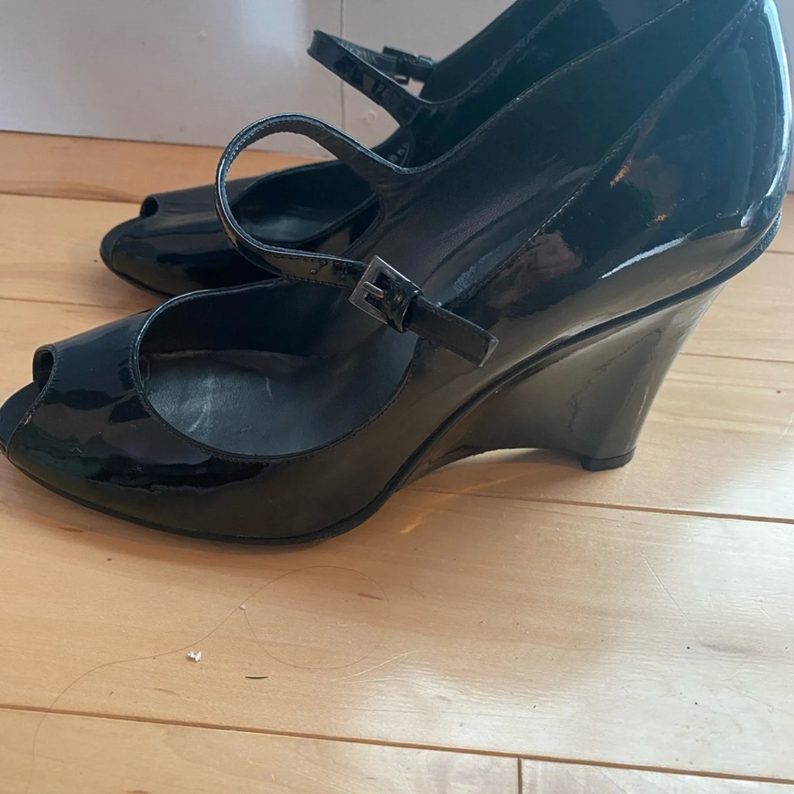 Stuart Weitzman Black Patent Wedge Mary Janes Size 8