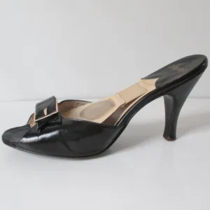 Vintage 50's Black Gold Buckle Springolator Heels Shoes 8